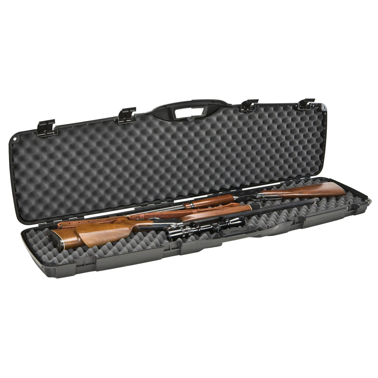 Plano 150204 Gun Storage Case with High Density Foam - Secure Transport for Rifles & Shotguns | Durable 4 Pack, open black hard case with custom foam interior holding rifles.