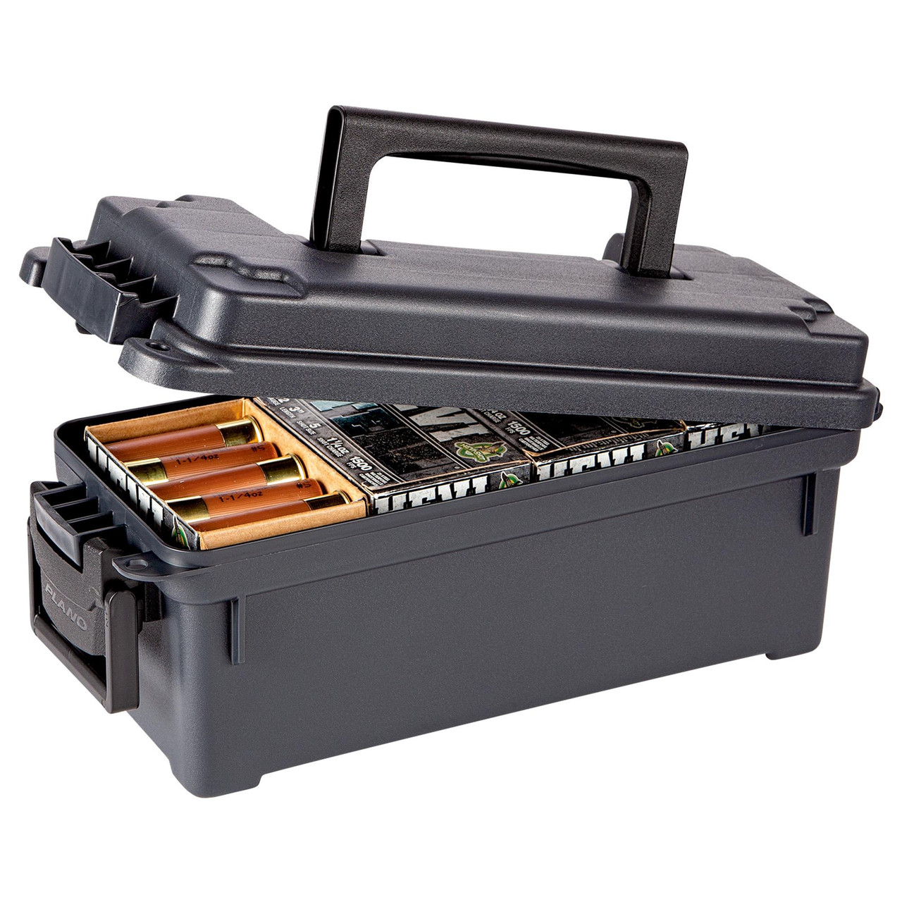 Plano PLA1212P 6-Pack Waterproof Ammo Can, military-style thick-walled construction for ultimate protection, with contents visible inside the open case.