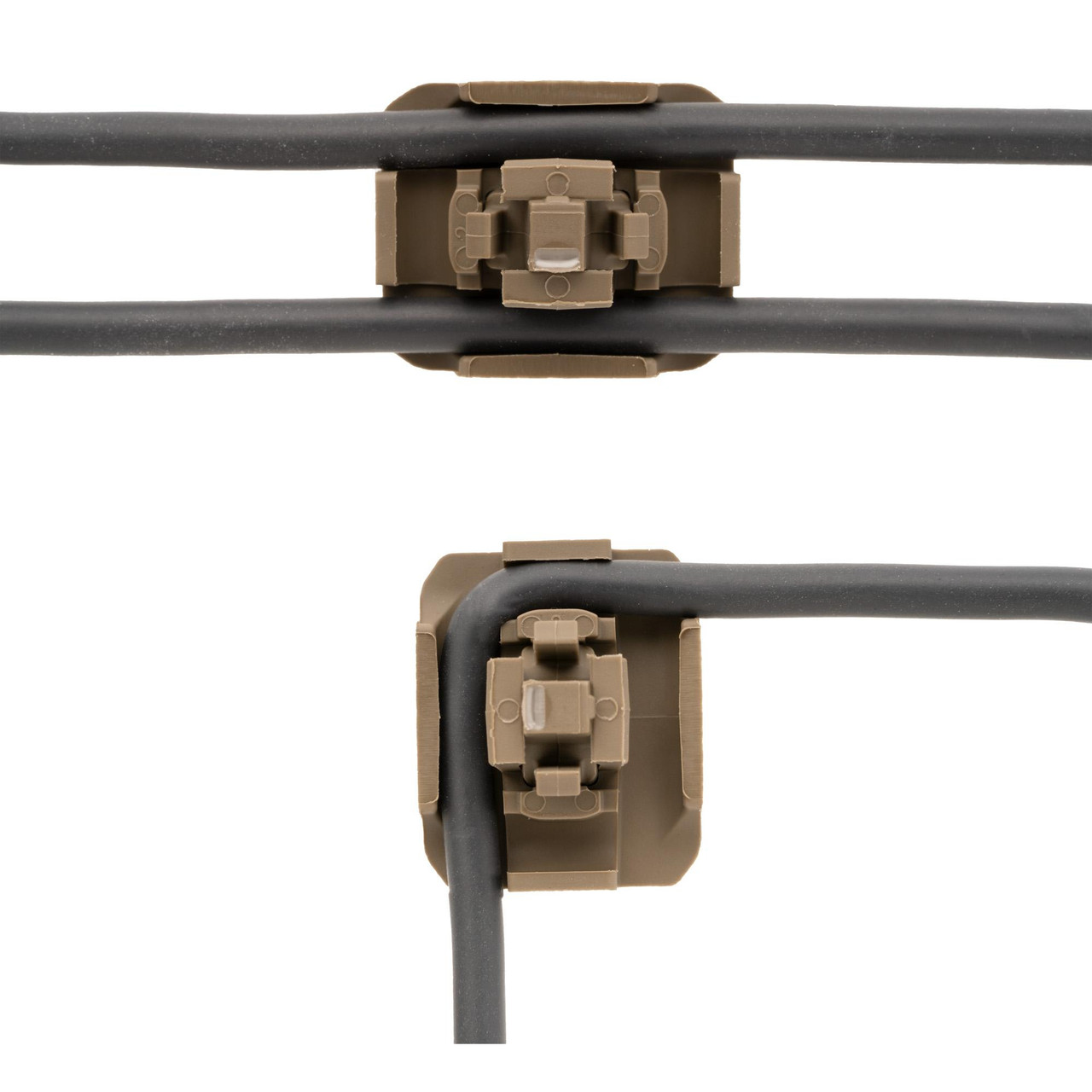 Magpul Industries Magpul WCK Wire Control Kit MAG1296-FDE | M-LOK Light & Laser Cable Management System, showing a close-up of dual cable control clips mounted on a firearm rail system for organized wiring.