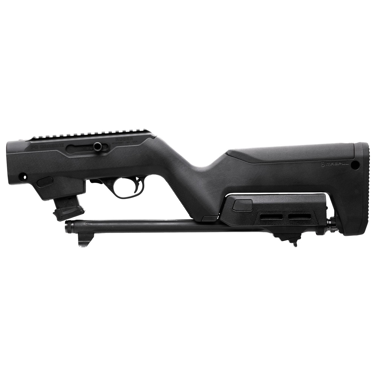 Magpul Industries Magpul PC Backpacker Stock for Ruger PC Carbine, ergonomic and portable rifle stock featuring M-LOK compatibility, black finish, and adjustable design for enhanced handling and customization.