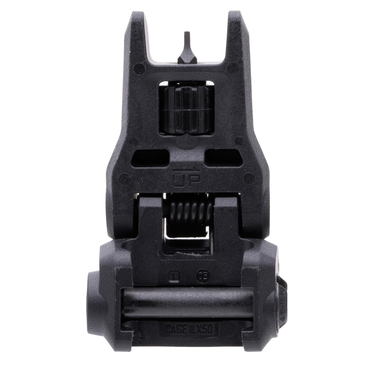 Magpul Industries MBUS 3 Front Back-Up Sight - Lightweight Polymer, Tool-less Adjustment, AR-Height Design, MAG1166-BLK, close-up view of the durable black polymer tactical firearm sight with adjustable features.