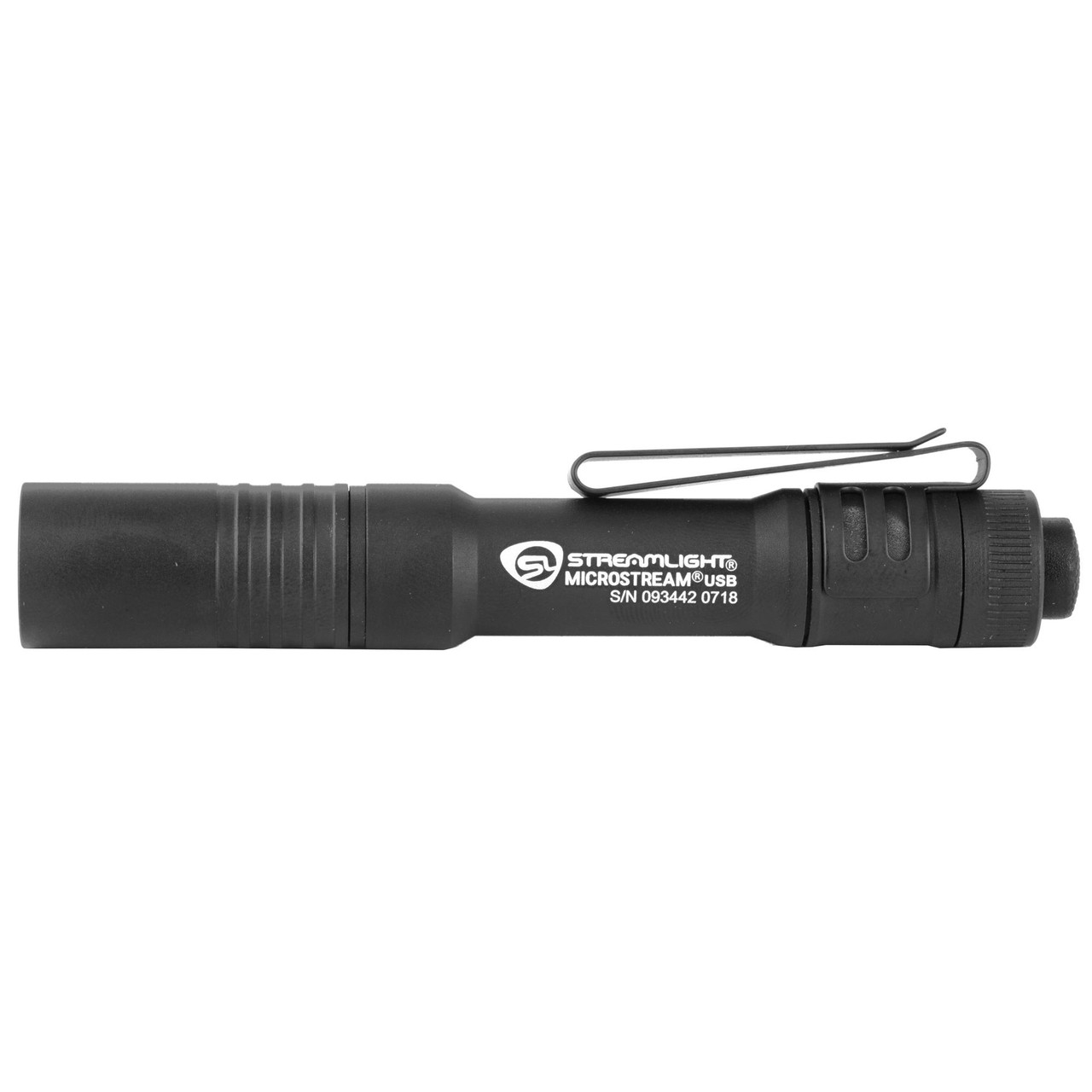 Streamlight MicroStream 66601 Rechargeable Pocket Flashlight, compact black LED flashlight with multi-function switch and durable design, featuring a clip for easy carrying.