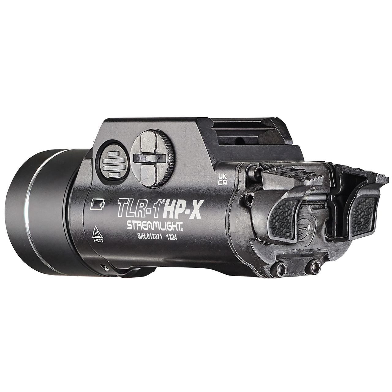Streamlight 69167 TLR-1 HP-X Multi-Fuel Tactical Light - 1000 Lumens & 53000 Candela with Customizable Switches for Firearms, close-up of black tactical flashlight with tactical switches and branding.