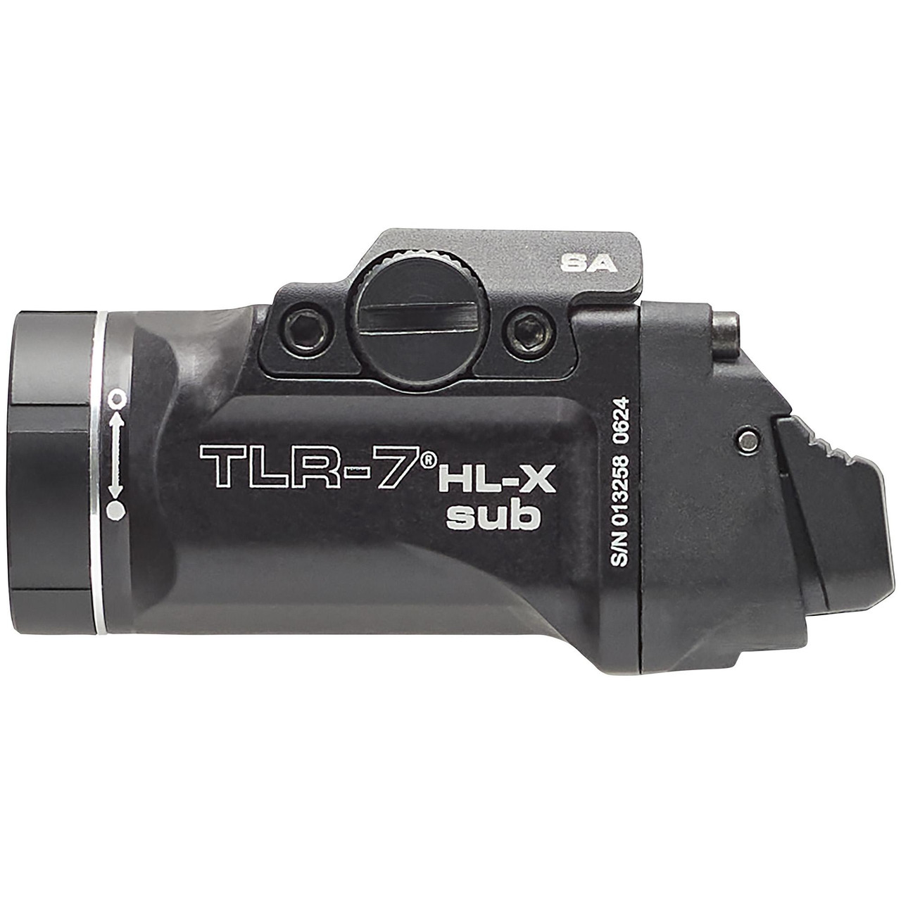 Streamlight TLR-7 HL-X Tactical Rail-Mounted Light - 1000 Lumens, Multi-Fuel, Compatible with Springfield Hellcat - Model 69506, image of a compact black tactical weapon light with mounting mechanism
