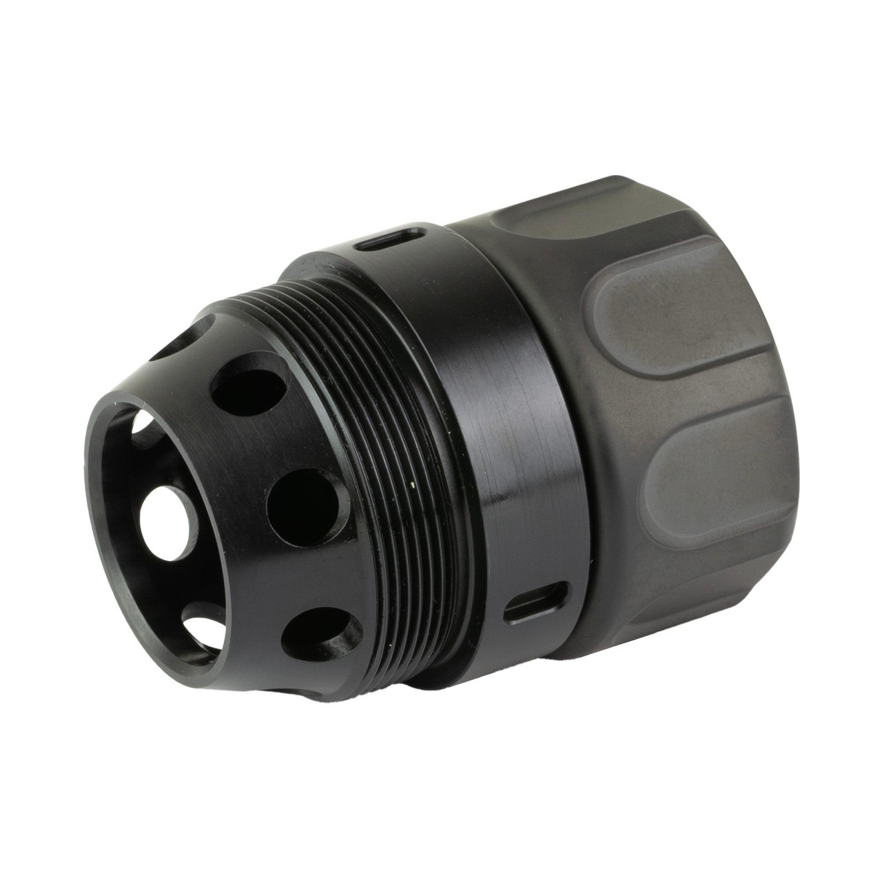Surefire HUB-FA-556-BK Fast-Attach Suppressor Mount for Secure SOCOM Muzzle Device Compatibility, black cylindrical firearm accessory with multiple holes and threading for attachment.