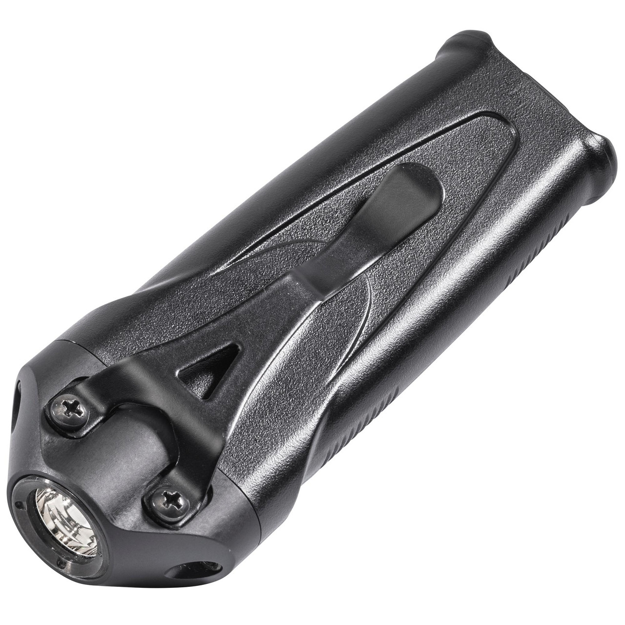 Surefire PLR-A Stiletto, High-Output Rechargeable Flashlight - 650 Lumen Pocket Light with Tactical Switch & LED Fuel Gauge, compact black tactical LED flashlight with textured grip and adjustable focus.