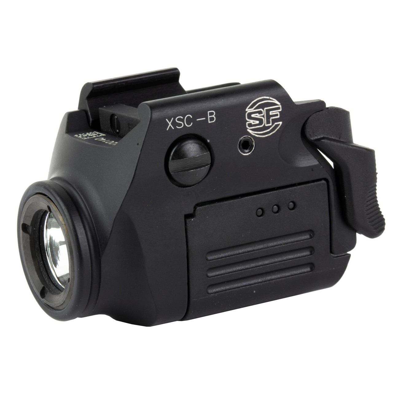 Surefire XSC-B Compact Tactical Light: 350 Lumens, Rechargeable, Universal Rail Mount for Enhanced Personal Protection, uplight, black, compact design, with adjustable switch and mounting system.