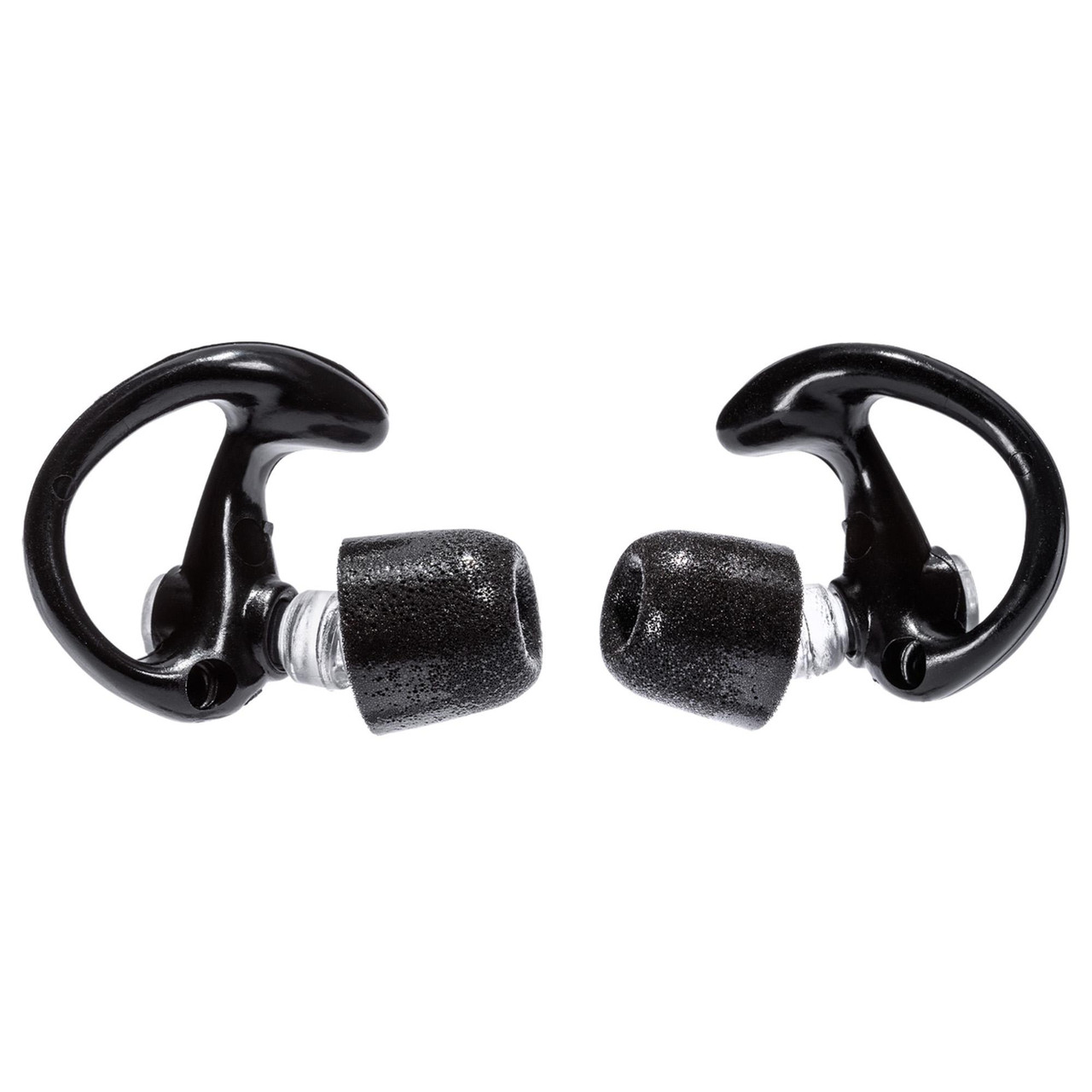 Surefire EP10-BK-MPR-BULK Tactical Earplugs, black in-ear ear protection with noise reduction and comfortable earLock retention rings, shown in a bulk pack of 25 pairs for military and law enforcement use.