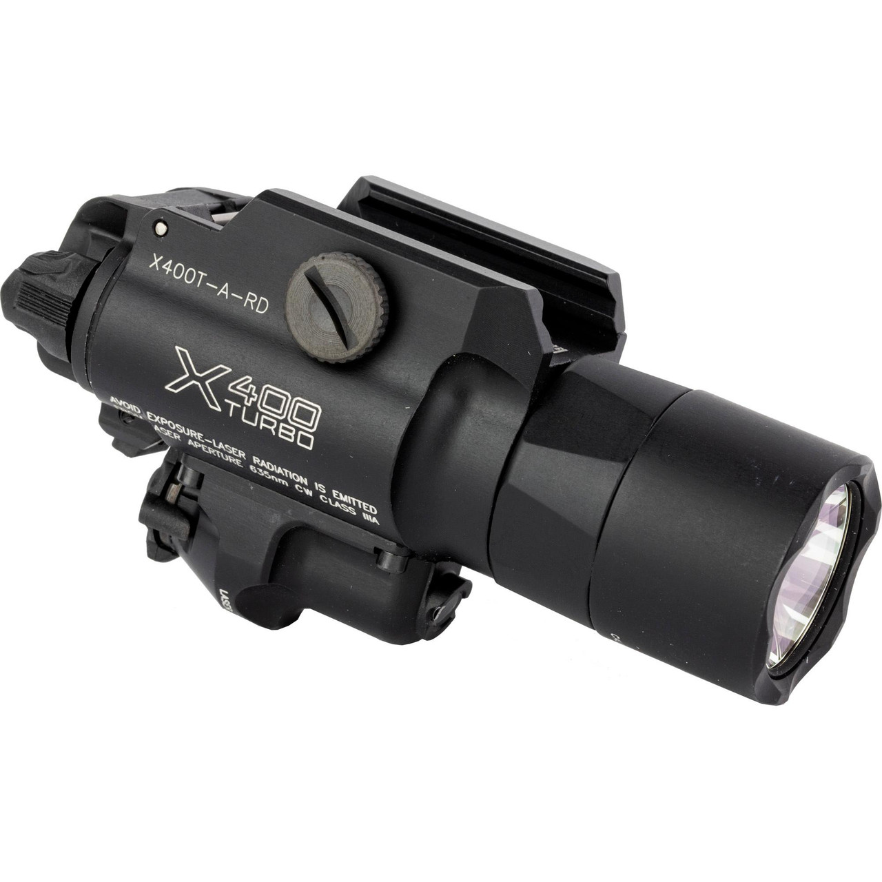 Surefire X400T-A-RD Tactical WeaponLight with Red Laser - 650 Lumens, 66,000 Candela, Rugged Design, mounted on a weapon for tactical use.