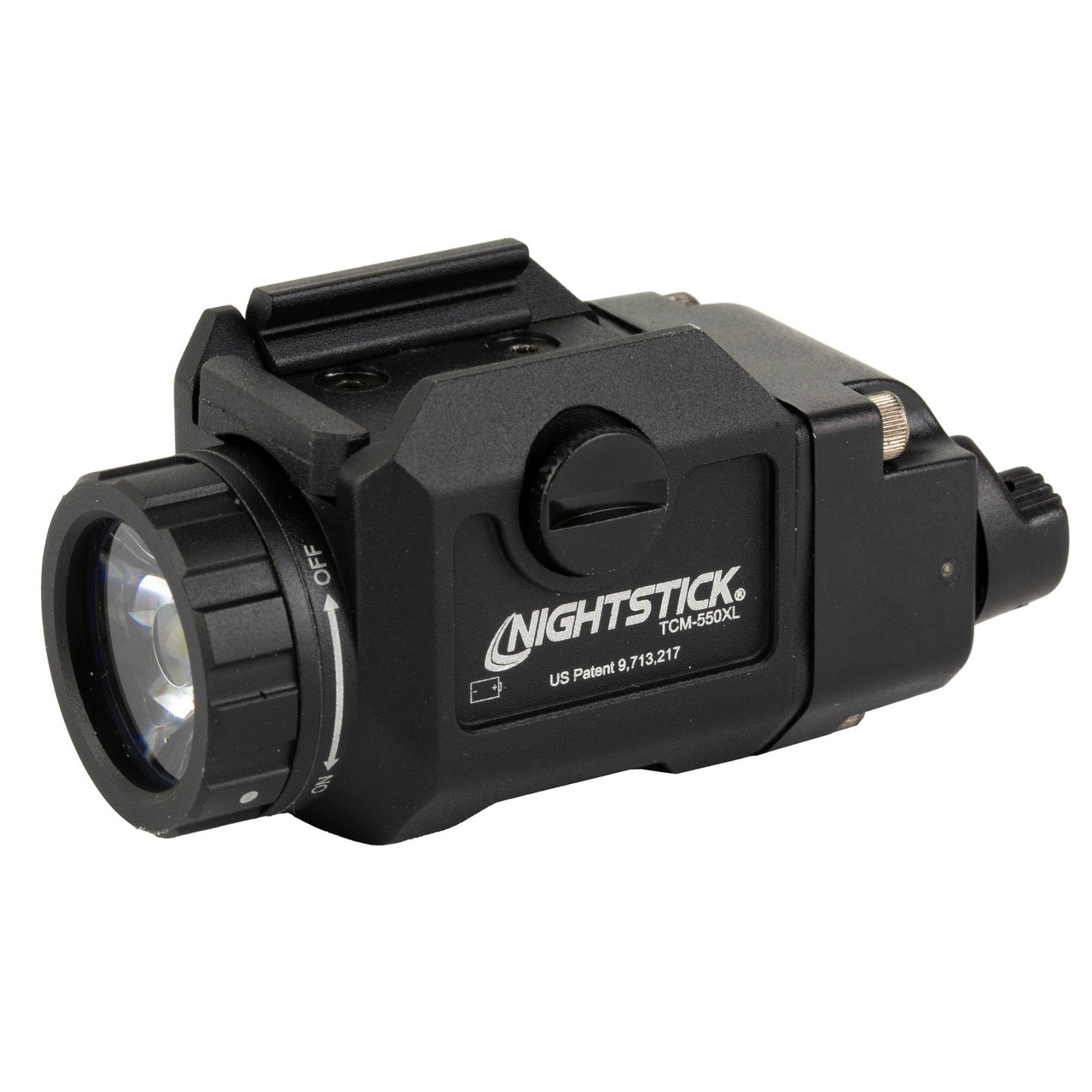 Nightstick TCM-550XL Compact Weapon-Mounted Light, black tactical LED flashlight with ambidextrous controls and waterproof design for firearms.