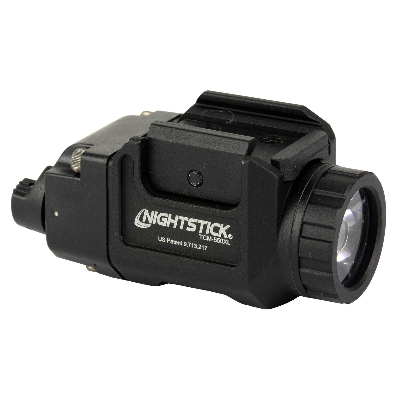 Nightstick TCM-550XL Compact Weapon-Mounted Light - 550 Lumens LED Tactical Flashlight with Ambidextrous Controls & Waterproof Design, close-up of the black tactical flashlight with brand logo and adjustable focusing lens.