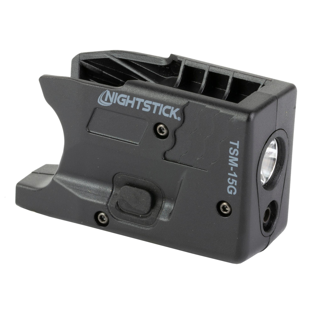 Nightstick TSM-15G Tactical Light with Green Laser for S&W M&P Shield, compact black device with ambidextrous switches, IP-X4 water-resistant design, 150 lumens, mounted for tactical use.