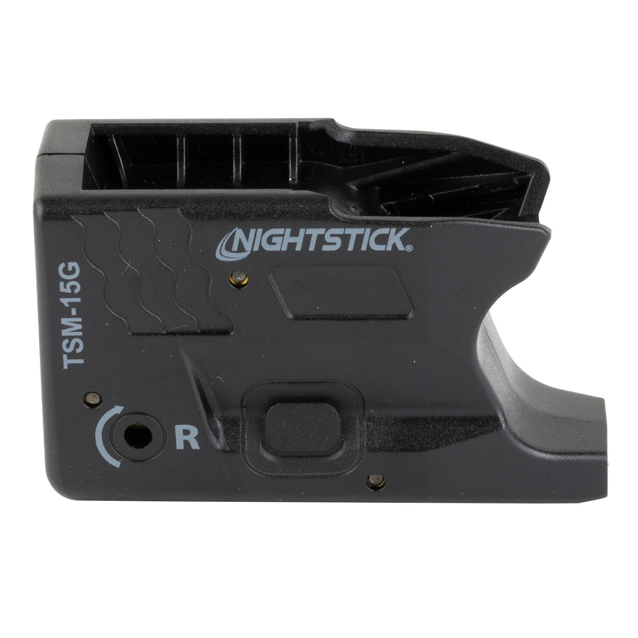 Nightstick TSM-15G Tactical Light with Green Laser for S&W M&P Shield, black compact weapon light with ambidextrous switches, IP-X4 water-resistant rating and 150 lumens illumination.