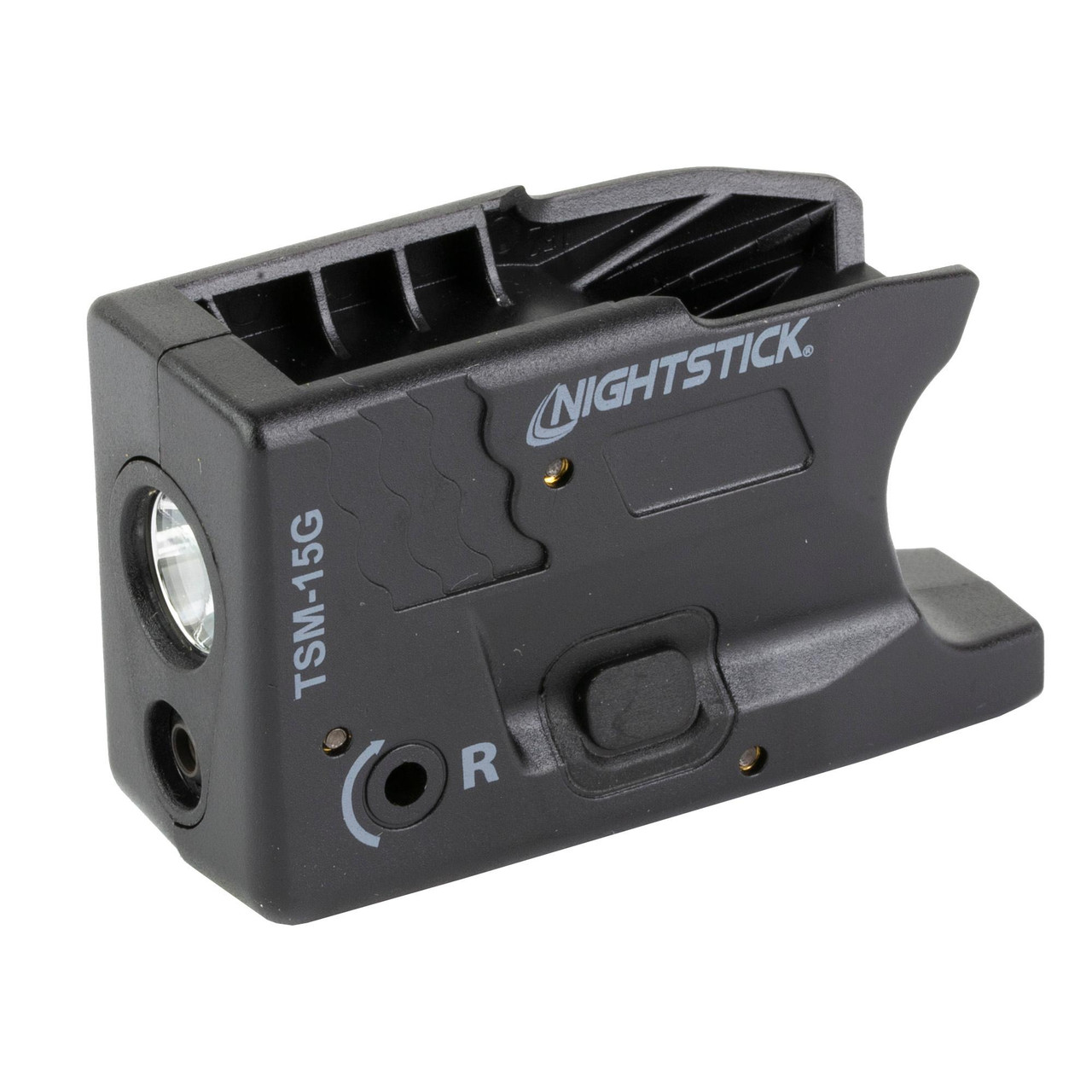 Nightstick TSM-15G Tactical Light with Green Laser for S&W M&P Shield, compact black device with ambidextrous switches, 150 lumens, IP-X4 water-resistant, and built-in green laser for tactical use.