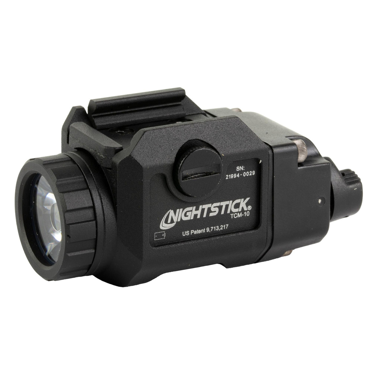 Nightstick TCM-10 Compact Weapon-Mounted Light, black tactical flashlight with 650 lumens, ambidextrous switches, and compatibility with over 140 firearm models.