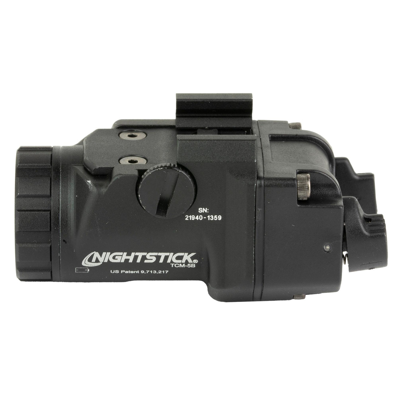 Nightstick TCM-5B Sub Compact Weapon-Mounted LED Light, black tactical flashlight with 650 lumens, designed for Glock, H&K, Hellcat and other firearms, with mounting rail and control switch.