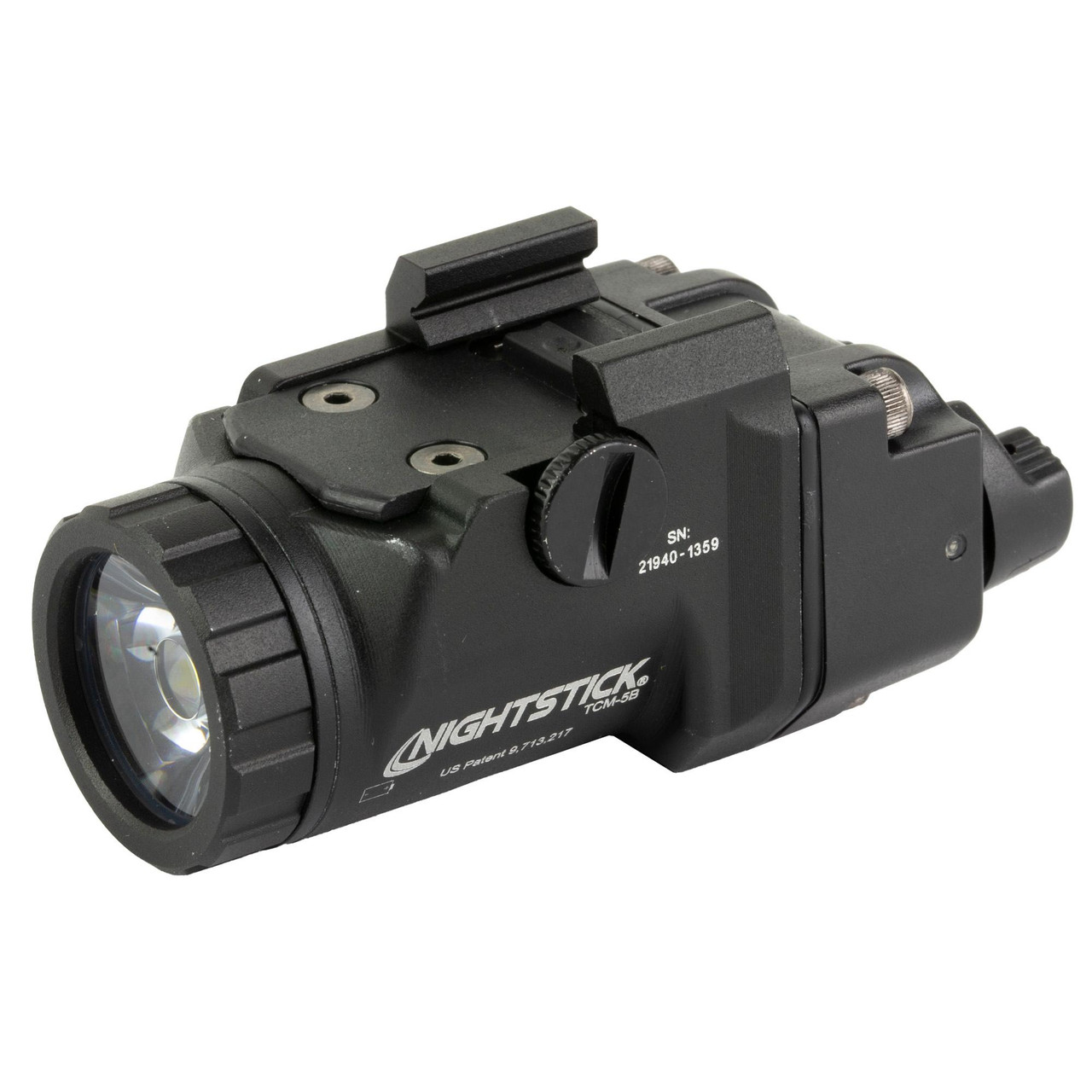 Nightstick TCM-5B Sub Compact Weapon-Mounted LED Light - 650 Lumens, Fits Glock, H&K, Hellcat & More, compact tactical flashlight mounted on a firearm with adjustable mounting brackets.