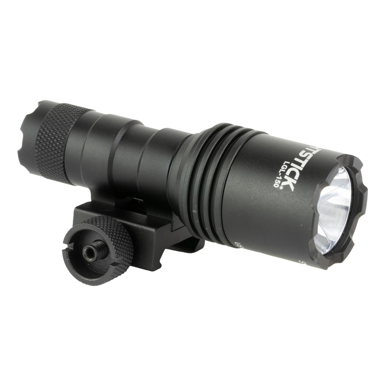 Nightstick LGL-150 Compact Long Gun Light Kit - 450 Lumens Waterproof Durable LED Tactical Flashlight with Picatinny Mounts, black handheld flashlight with adjustable focus and mounting bracket.