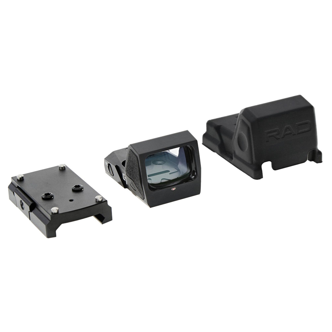 Crimson Trace Corporation Crimson Trace RAD Pro Electronic Sight - 5 MOA Red Dot Reflex Sight for Full Frame Pistols - Enhanced Grip and Automatic Brightness Adjustments, compact black reflex sight with mounting and protective covers.