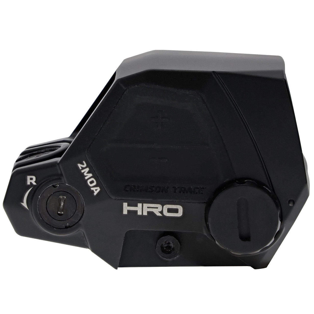 Crimson Trace Corporation Crimson Trace HRO Tactical Reflex Sight 01-01810 - 2 MOA Red Dot with 50,000 Hour Runtime & Picatinny Mount, a compact black sight with adjustable controls and mounting system.