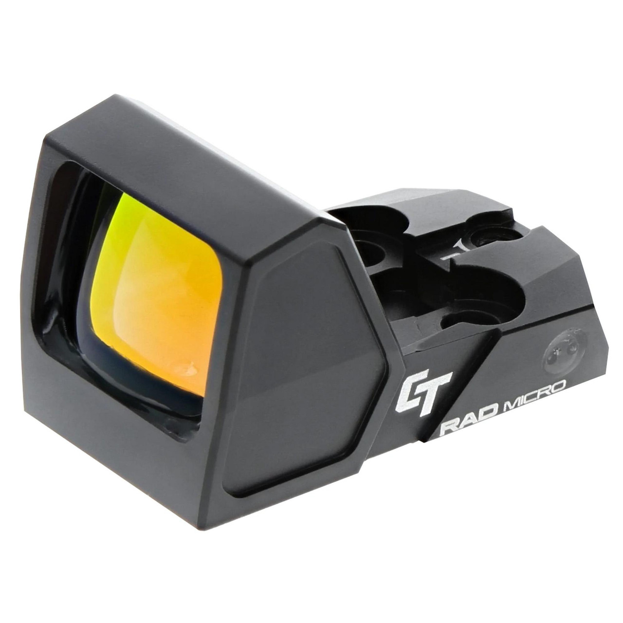 Crimson Trace Corporation Crimson Trace RAD Micro Electronic Reflex Sight - Ultra-Compact 3 MOA Red Dot for Pistols - 20,000 Hour Battery Life, Ambient Light Sensor, black compact red dot sight with yellow-tinted lens.