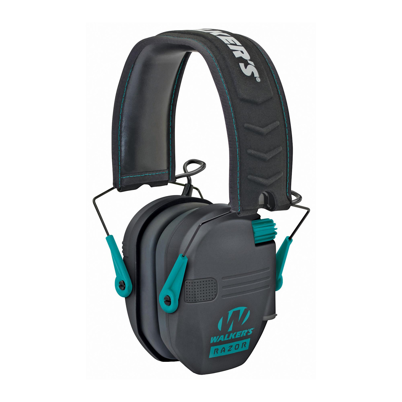 Walker’s GWP-RSEM-TL, noise-canceling electronic earmuffs with adjustable headband, black and teal color for hearing protection and noise reduction.