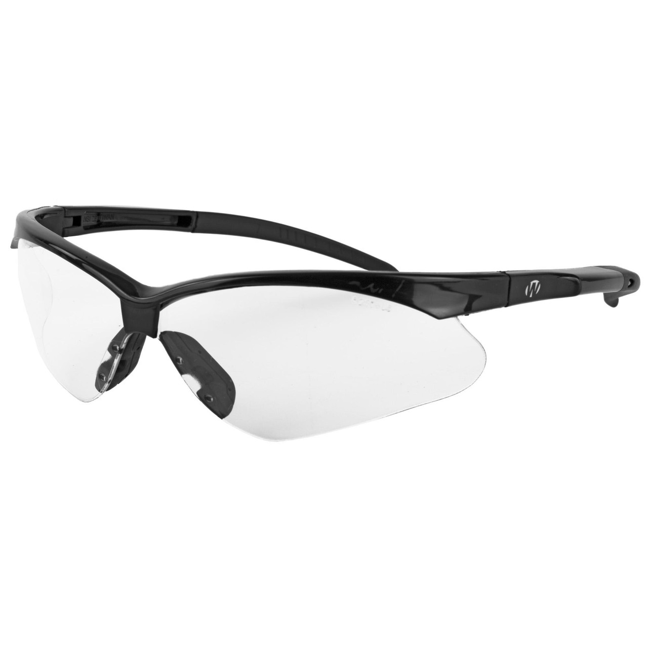 Walker's GWP-SGL-CLR, pair of clear safety glasses with black frame and adjustable temples.