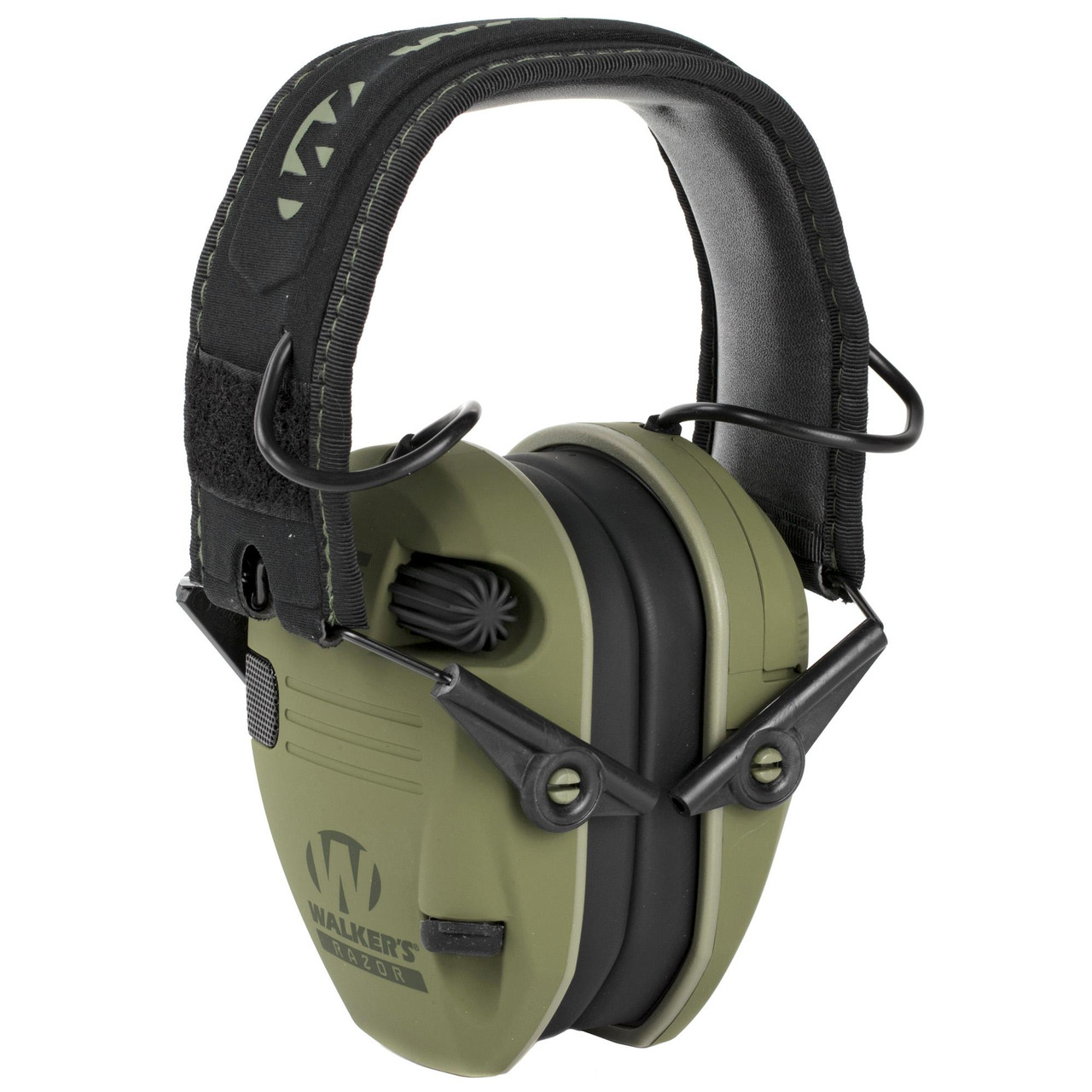 Walker’s GWP-RSEMPAT-ODG, hearing protection earmuffs with adjustable headband and black padding for noise reduction.