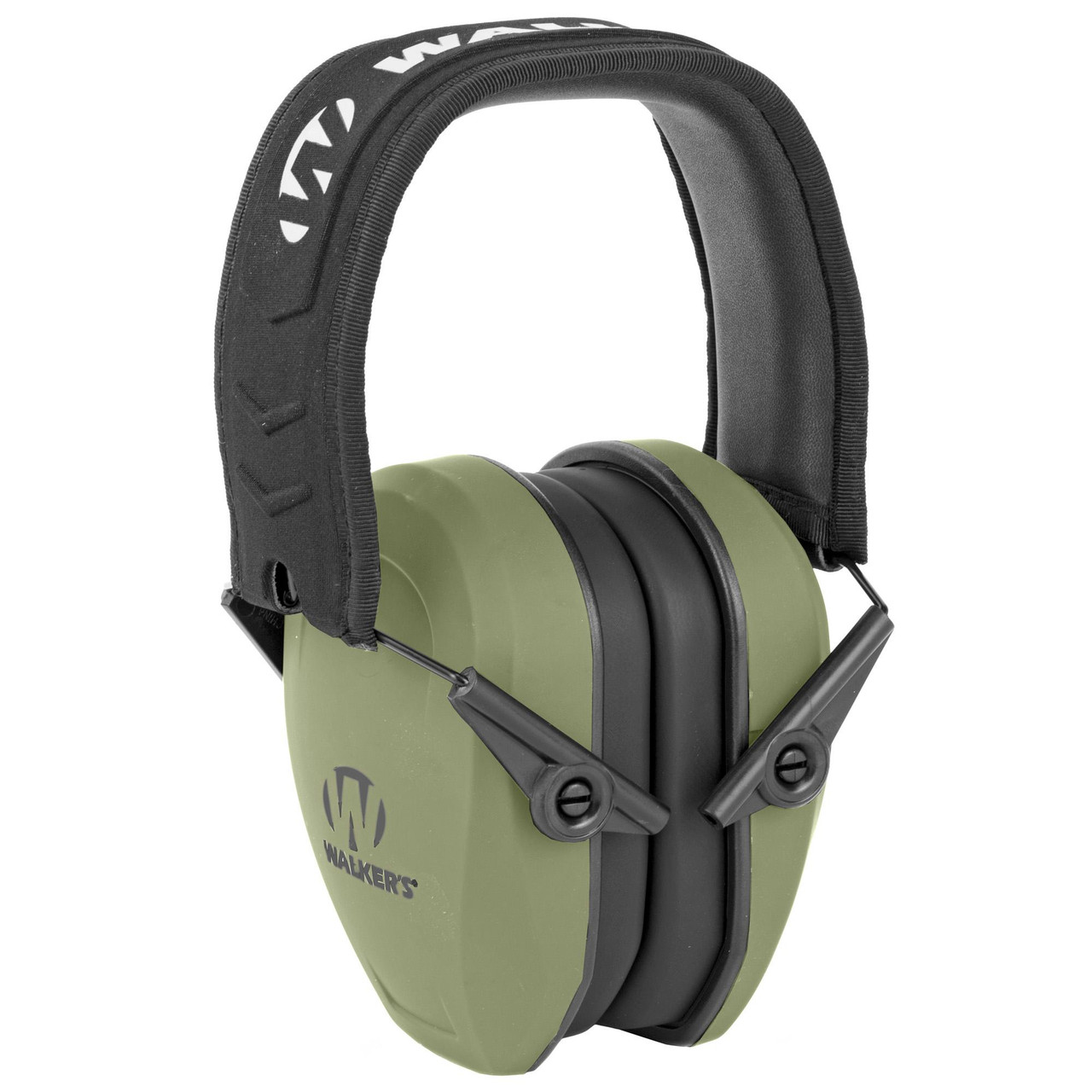 Walker’s GWP-RSMPAS-ODG, hearing protection earmuffs with green cushioned ear cups and adjustable headband.