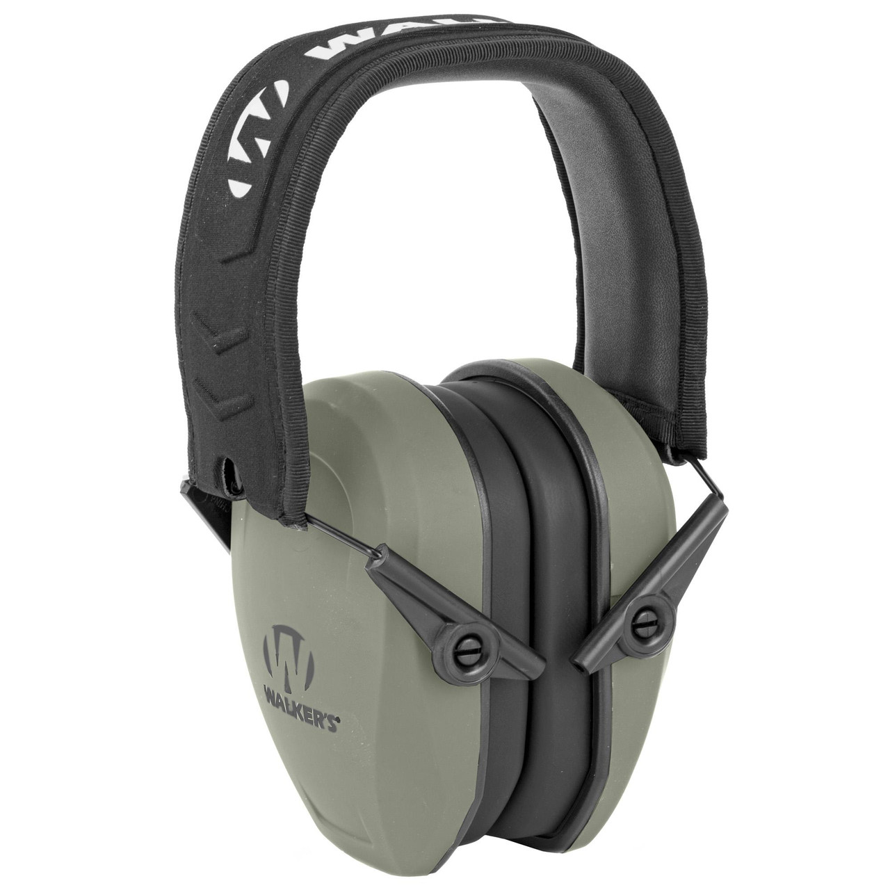 Walker’s Razor Hearing Protection Earmuffs - 27 dB Noise Reduction, Ultra Low Profile Design, Comfortable Headband, ideal for shooting and indoor ranges, shown in olive green color.