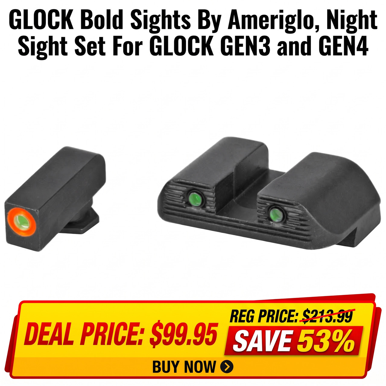GLOCK 47284 BOLD Sights Set by AmeriGlo, high visibility Tritium night sights with green dots for enhanced accuracy, includes front and rear sight components.