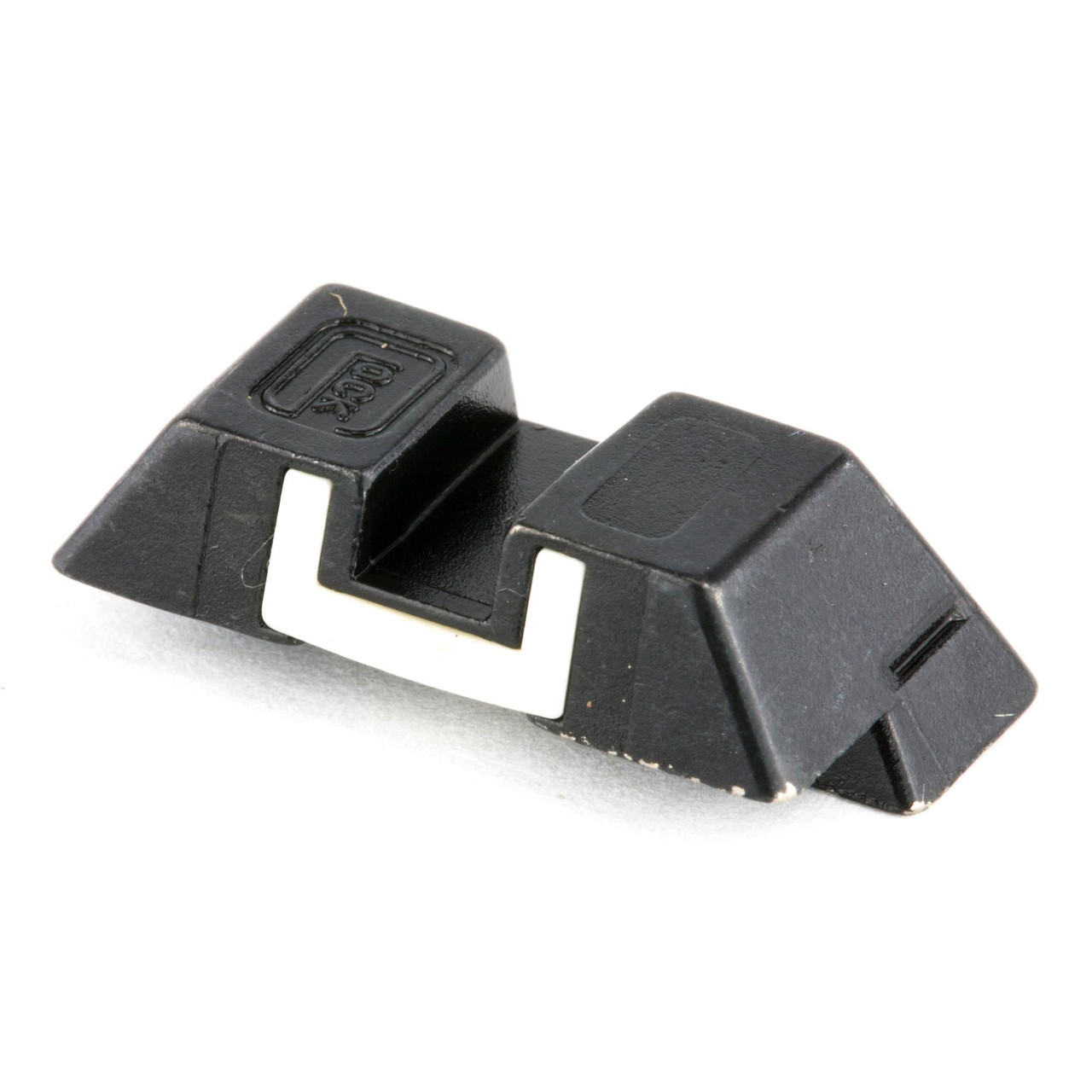 GLOCK Steel Sights, close-up of black metal gun sights with white contrast insert designed for enhanced accuracy, compatible with G17, G19, G22, G23, G26, G27, G33, G34, G35, G37, G38, G39 models (excluding G42 and G43).