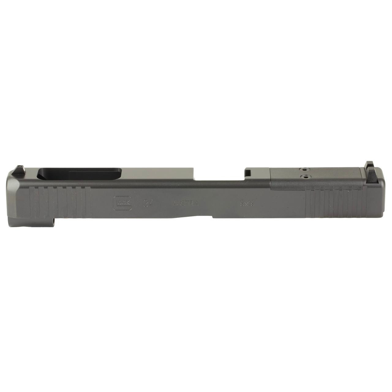 GLOCK OEM SPARE SLIDE GEN 3 34 MOS, tactical gray slide for Glock 34 MOS pistol with slide serrations and markings.