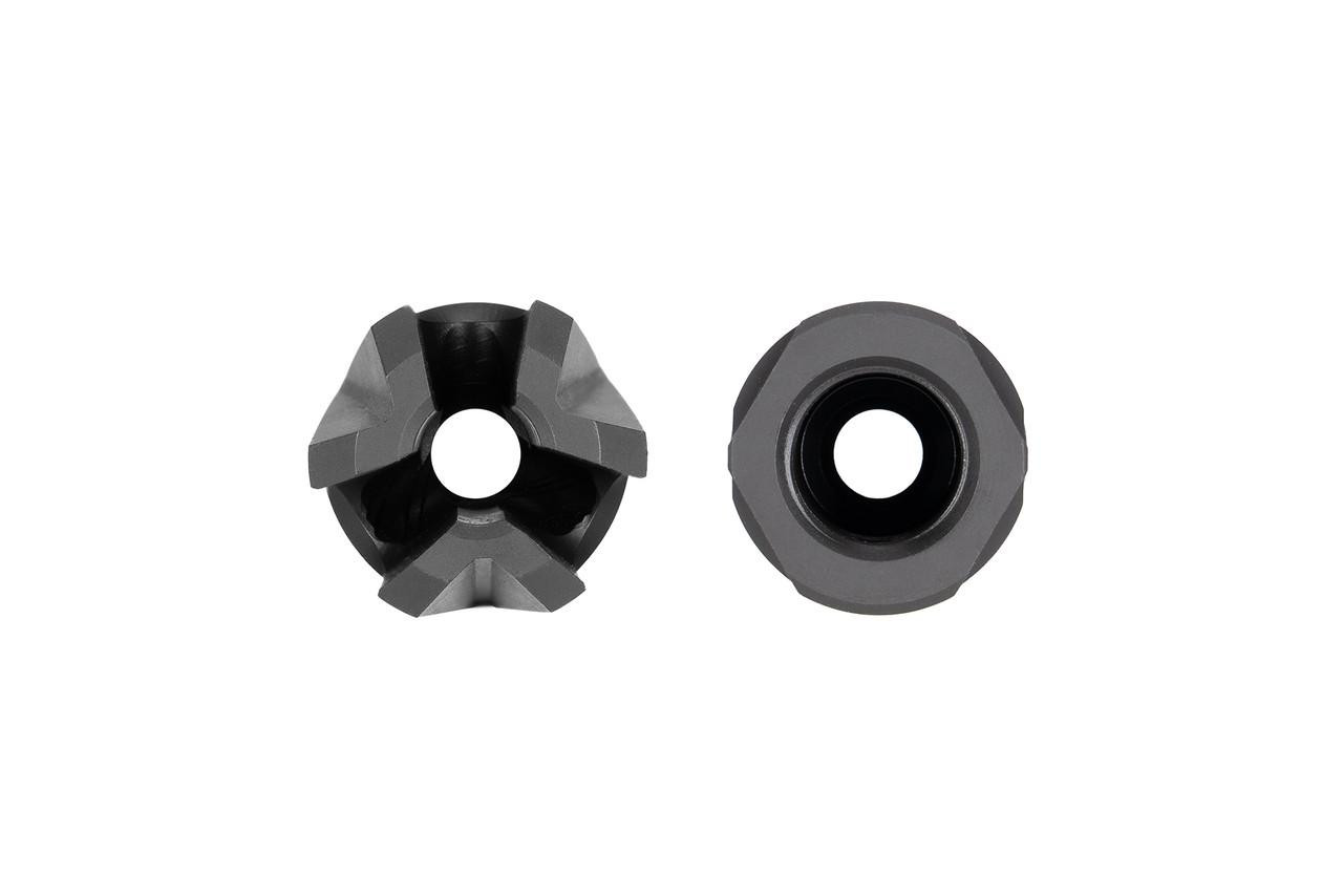 Strike Industries SI-AR-WIDOW-FH-223/5.56 X Xlogic AR Widow 3 Prong Flash Hider, positioned side by side, black and gray firearm accessory designed to reduce muzzle flash for AR-15 rifles.