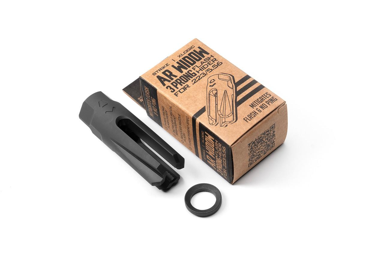 Strike Industries SI-AR-WIDOW-FH-223/5.56 X Xlogic AR Widow 3 Prong Flash Hider, black metal flash suppressor with three prongs, shown beside its packaging on a white background.