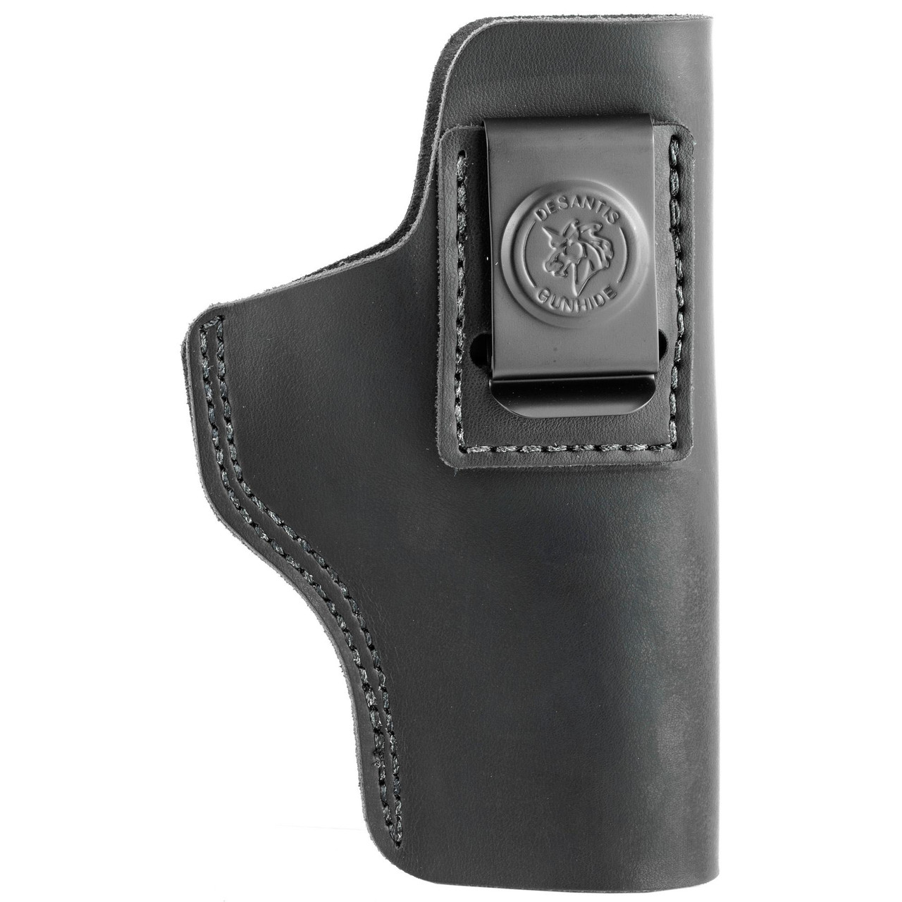 DeSantis Gunhide Insider Concealed Carry Holster 031BA80Z0, close-up of the holster showing minimal bulk, high comfort soft leather design with a sturdy clip embossed with the DeSantis logo.
