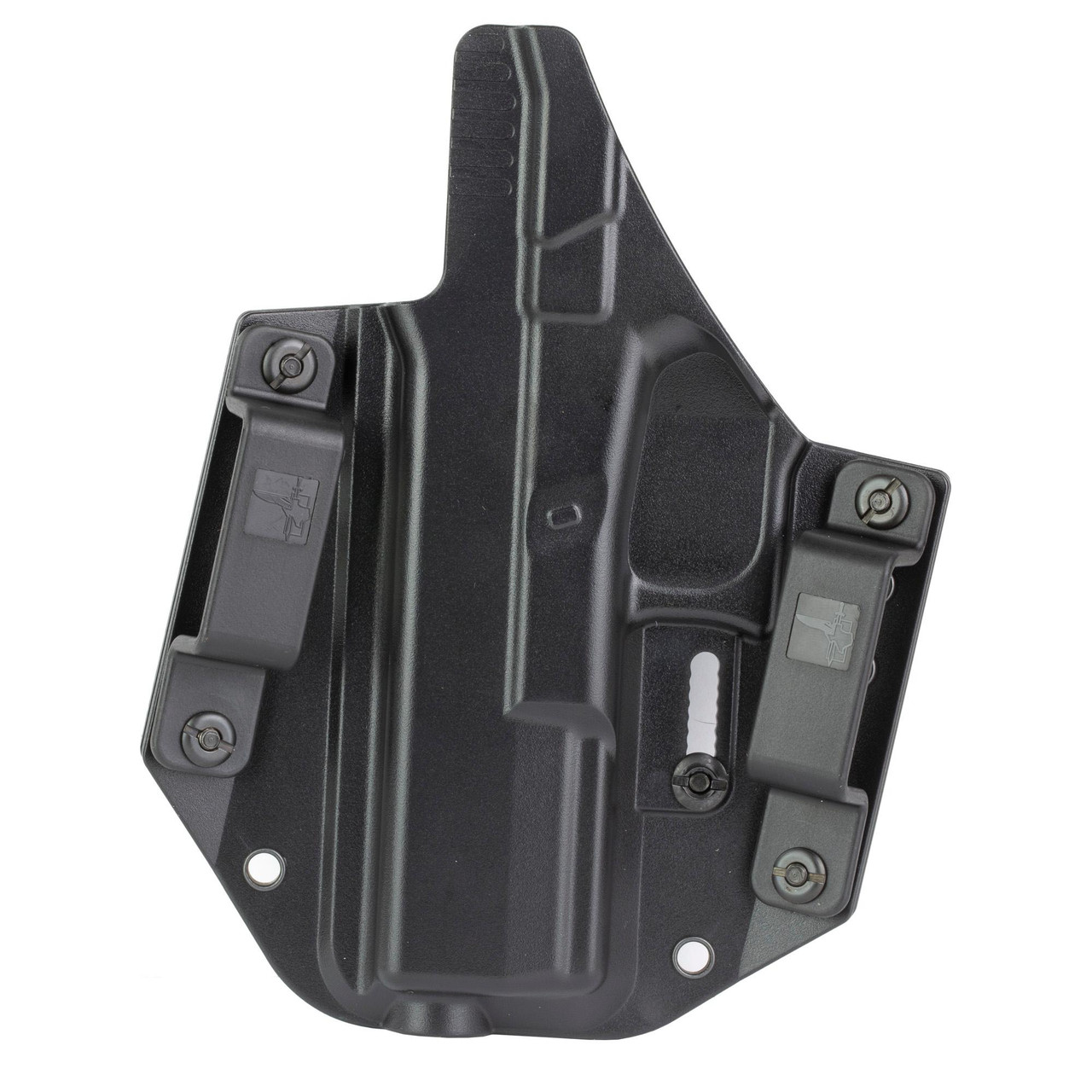 Bravo Concealment BC10-1002 Adaptive OWB Holster - Ultimate Outside Waistband Concealed Carry Solution with Adjustable Cant & 1.5" Belt Loops, black tactical holster with adjustable retention screws and belt slots.