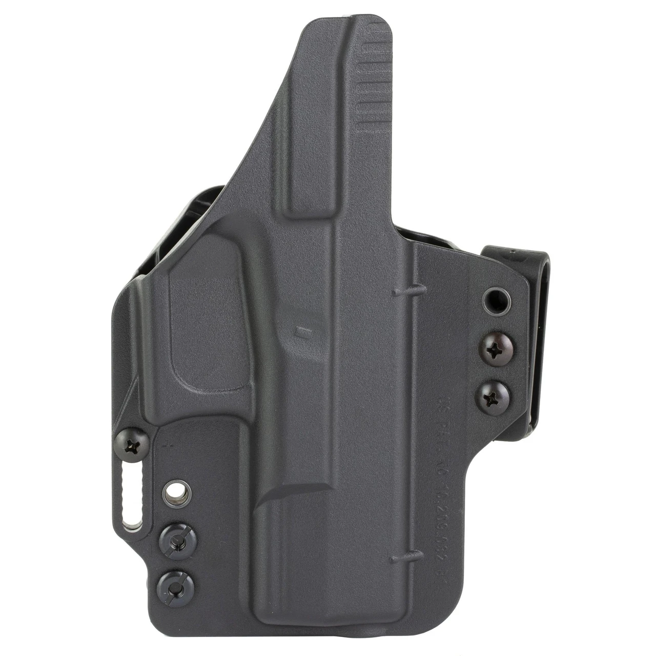 Bravo Concealment BC20-1007 Adaptive IWB Holster - Ultimate Concealed Carry Solution with Torsion Technology, close-up of the black holster with adjustable screws and belt clip for reliable inside-the-waistband carry.