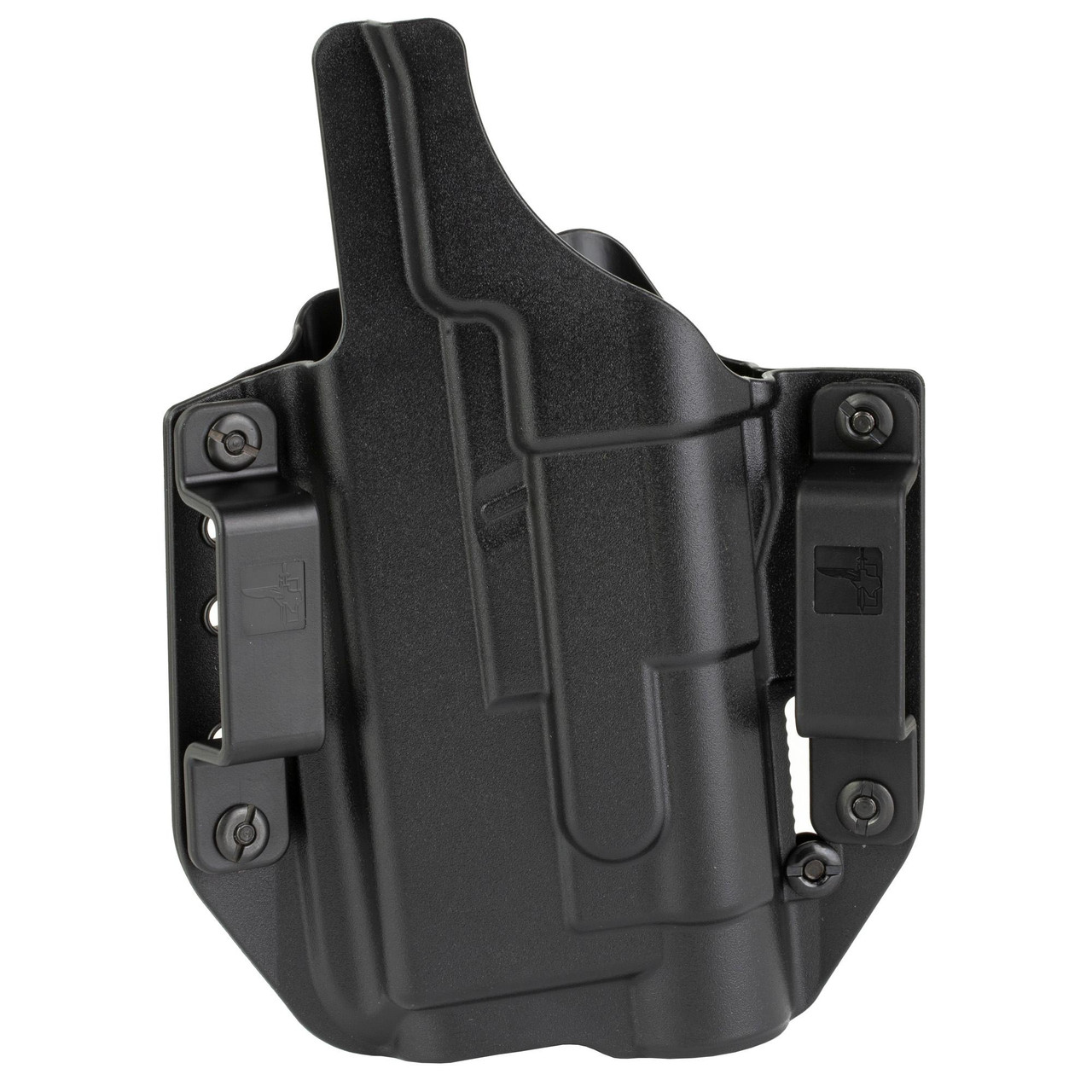Bravo Concealment BC30-1004 Adaptive OWB Holster for Glock 17 with TLR-1, a premium outside the waistband concealed carry holster made of durable black polymer with adjustable retention screws and concealment features.