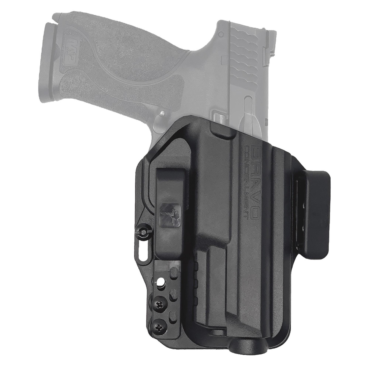 Bravo Concealment BC20-1017 Adaptive IWB Holster – Ultimate Comfort & Concealment for Everyday Carry, black holster attached to a gun for concealed carry.
