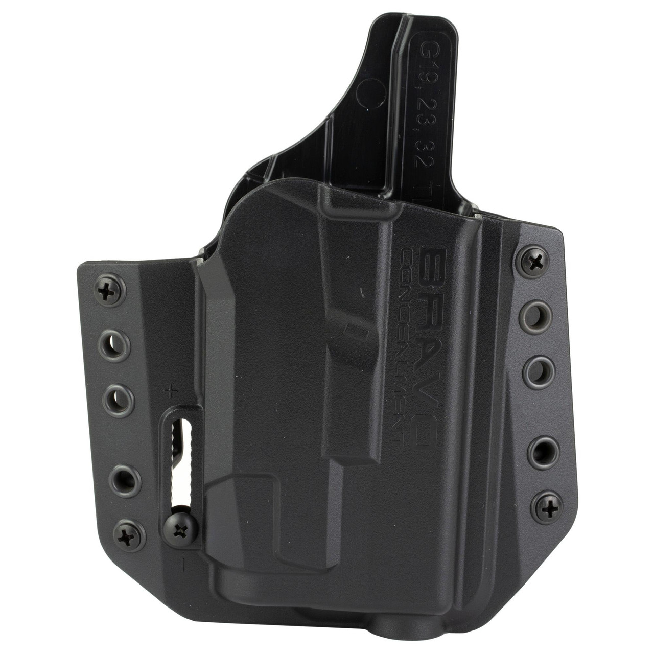 Bravo Concealment BCA OWB Holster for Glock 19 with TLR-7, black outside waistband concealed carry holster with adjustable retention screws for secure firearm carrying.