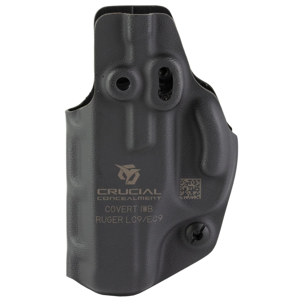Crucial Concealment 1022 IWB Holster - Ambidextrous, Adjustable Retention & Optic Compatible, Ideal for Concealed Carry, black holster with logo and QR code, designed for Ruger LC9/E9 pistols.