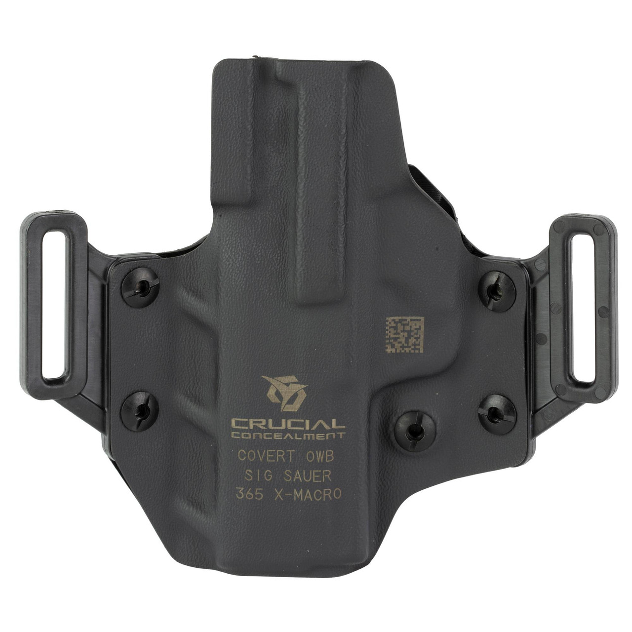 Crucial Concealment 1277 Covert OWB Holster, adjustable, optic-compatible, and versatile firearm carry solution with rigid black polymer construction and attachable side brackets for concealed carry.