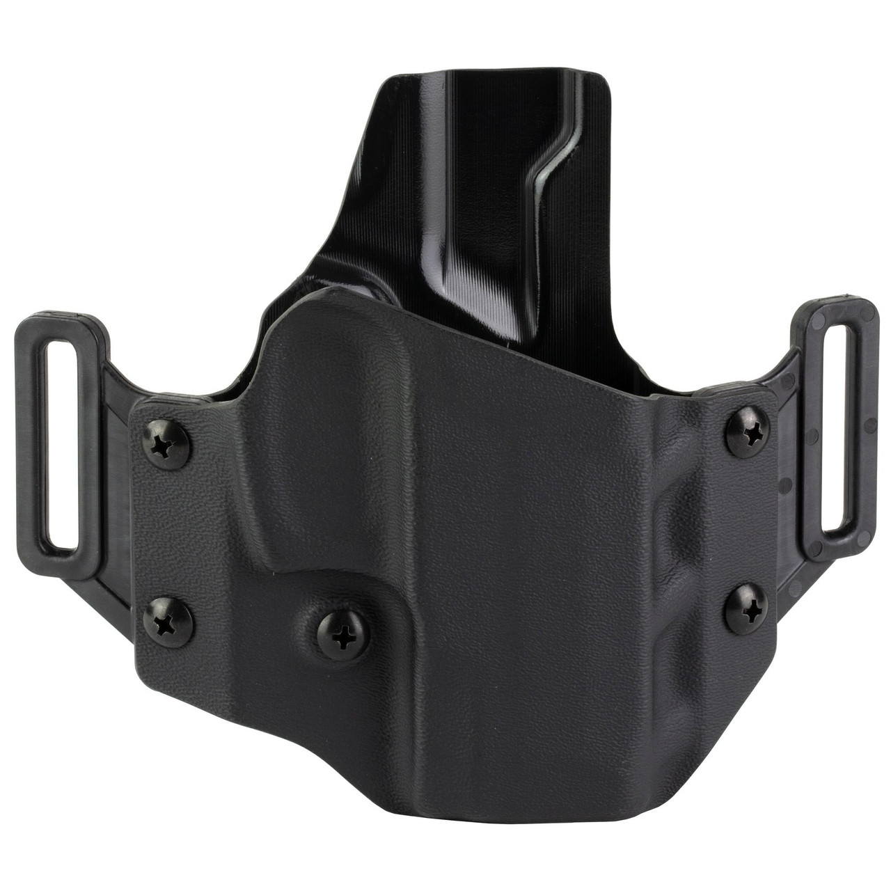 Crucial Concealment 1007 Covert OWB Holster - Adjustable Retention, Optic Compatible, Streamlined Design, black right-hand holster with adjustable retention screws and optic cutout.
