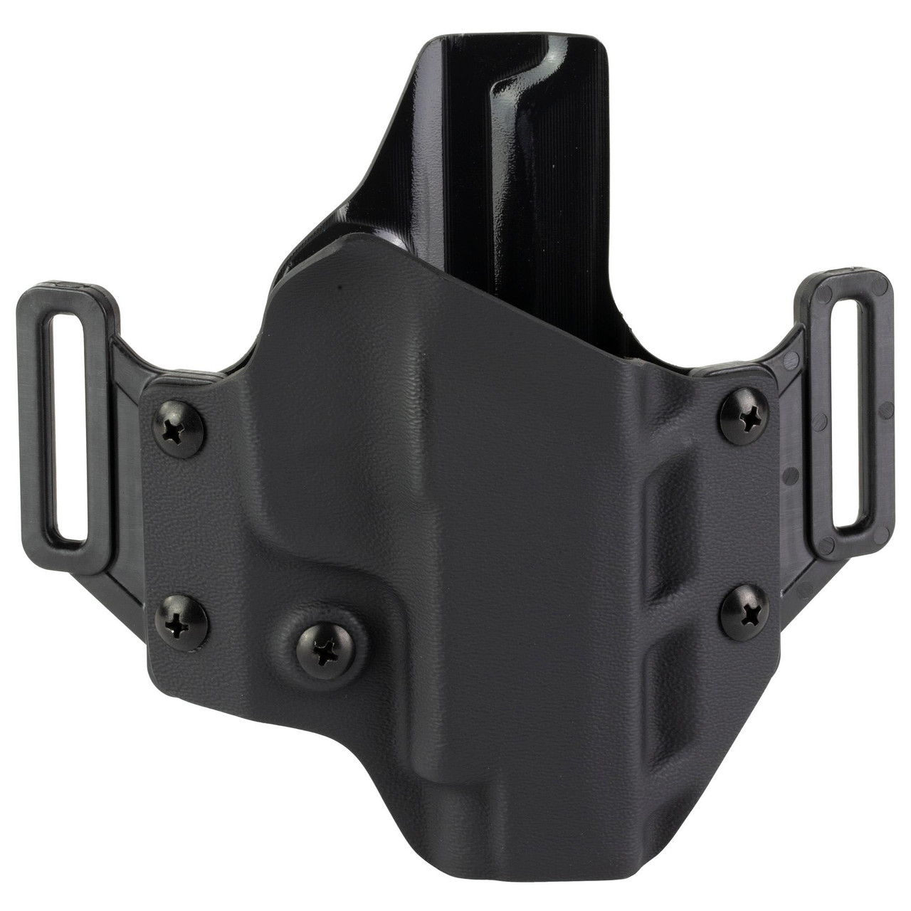 Crucial Concealment 1115 Covert OWB Holster - Adjustable Cant, Optic Compatible, 1.5 & 1.75 inch Belt Loops, black outer shell with adjustable retention screws and belt slots for concealed carry.