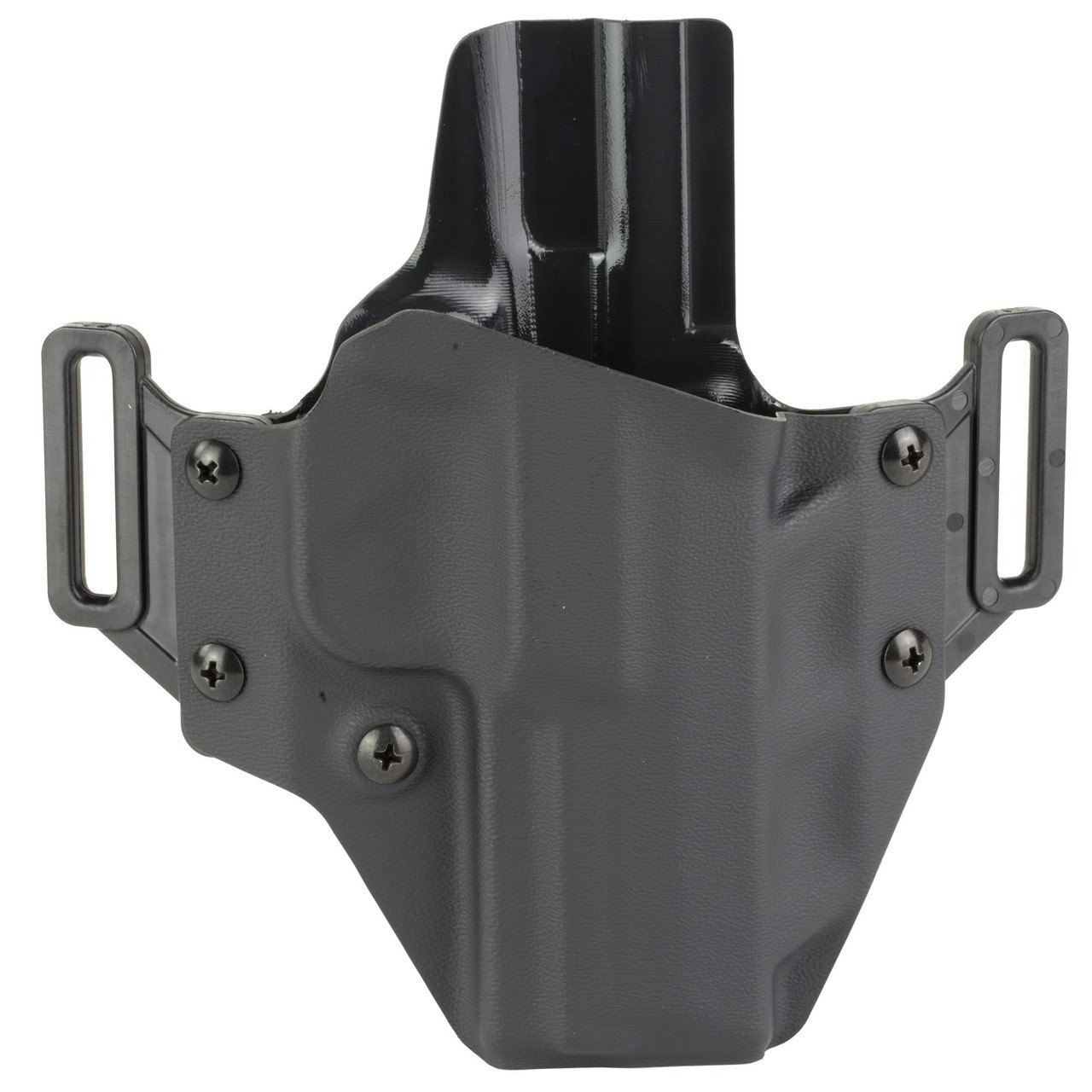 Crucial Concealment 1311 IWB Holster - Ambidextrous, Adjustable Retention & Cant for Ultimate Comfort and Concealment, image of a black and gray inside-the-waistband holster with adjustable retention screws and mounting options.