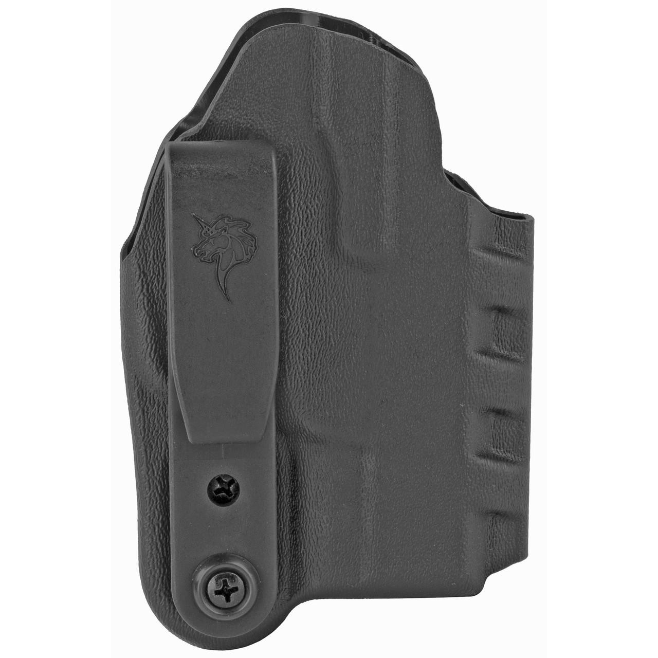 DeSantis Gunhide DESANTIS SLIM-TUK RUGER MAX-9 AMB BK, a black leather holster for Ruger Max-9 pistol with a textured surface and a logo of a unicorn head.
