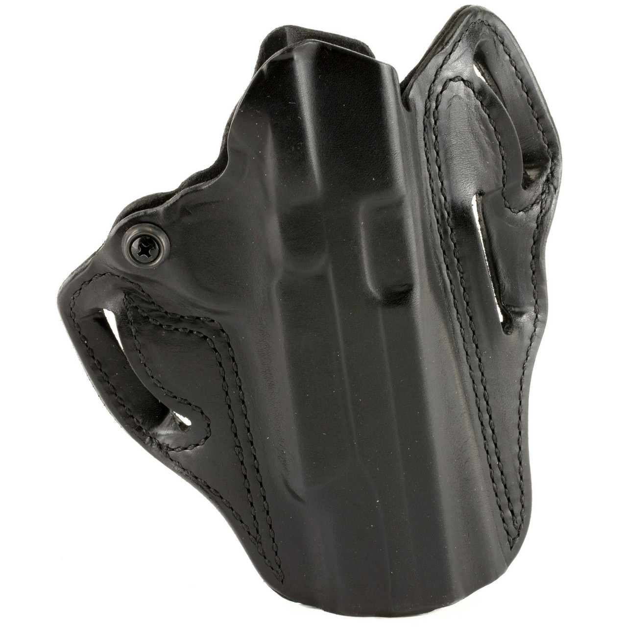 DeSantis Gunhide Speed Scabbard® Holster 002BAF9Z0 - Open Top Design with Adjustable Tension for Secure Firearm Retention, black leather holster with stitched edges and a snug fit for a handgun.