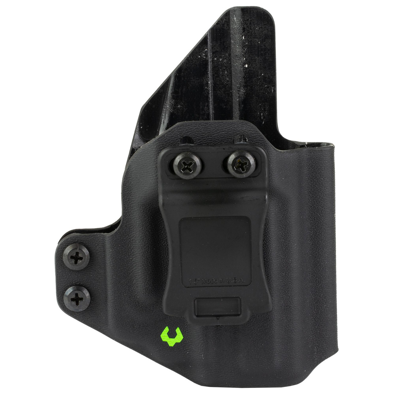 Viridian Weapon Technologies Viridian Kydex IWB Holster for Springfield Hellcat with E-Series Laser, durable concealed carry holster with mounting screws and green logo.