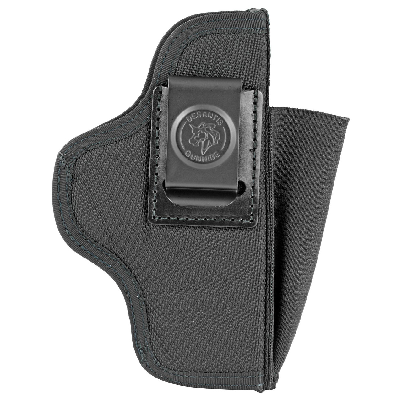DeSantis Gunhide N87 Padded Ballistic Nylon Holster - Ambidextrous Design with Spare Magazine Pouch, black holster featuring padded ballistic nylon material and a belt clip with the DeSantis logo.